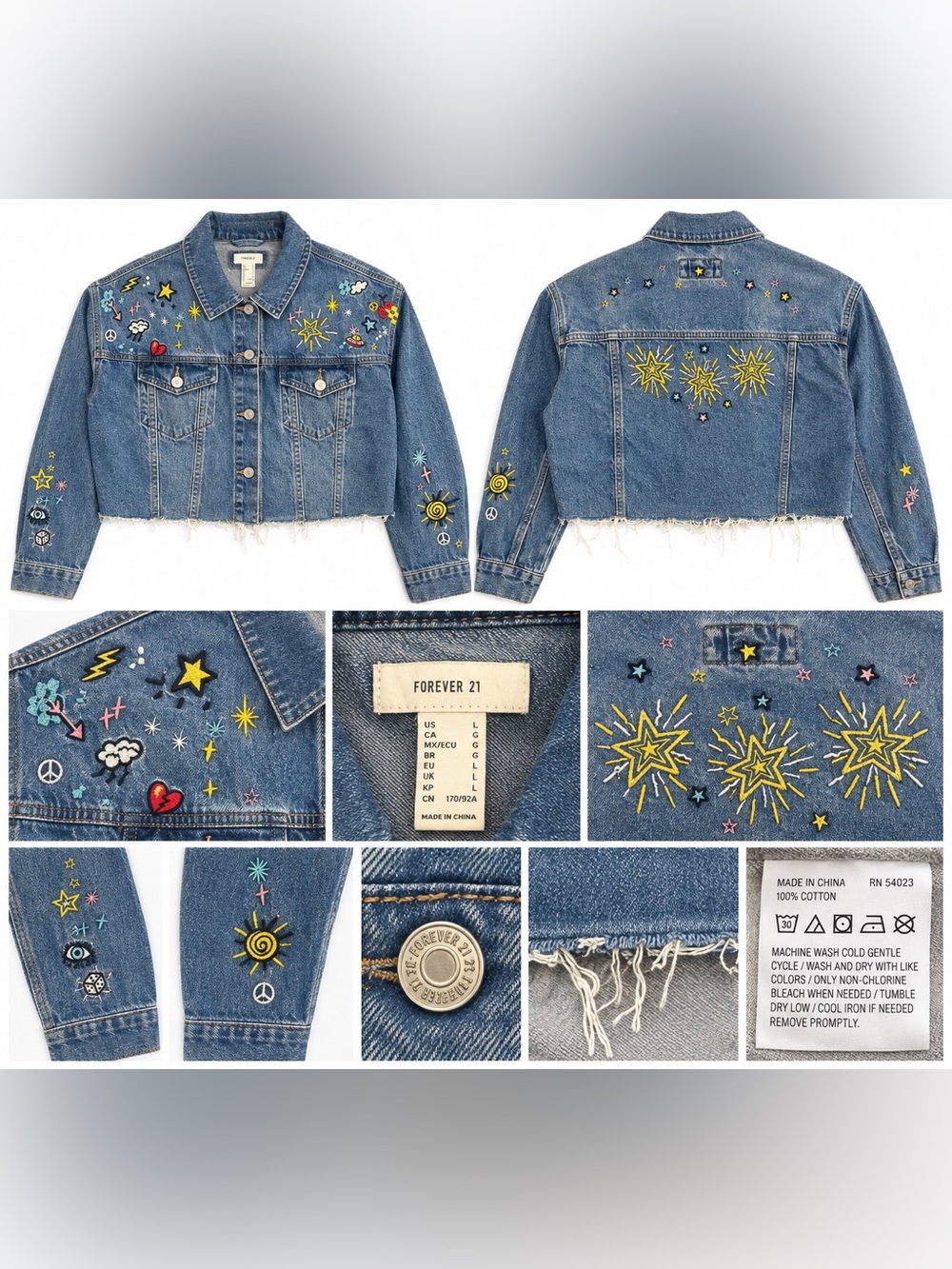 Forever 21 Women’s L Cropped Denim Jacket Embroidered Stars Raw Hem 100% Cotton